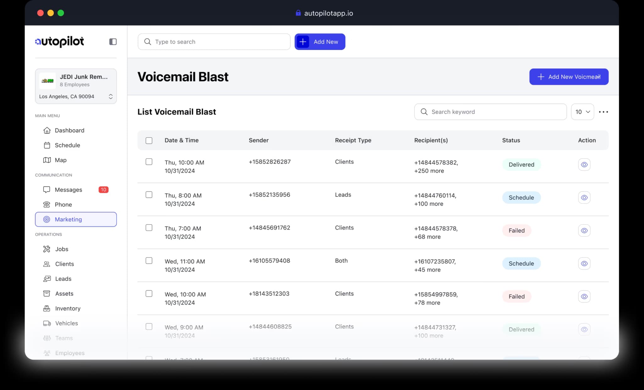 Voicemail Blast dashboard in the Autopilot app showing campaign details and status