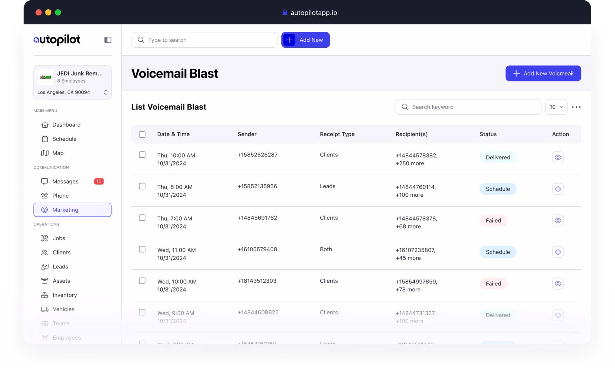 Voicemail Blast dashboard in the Autopilot app showing campaign details and status