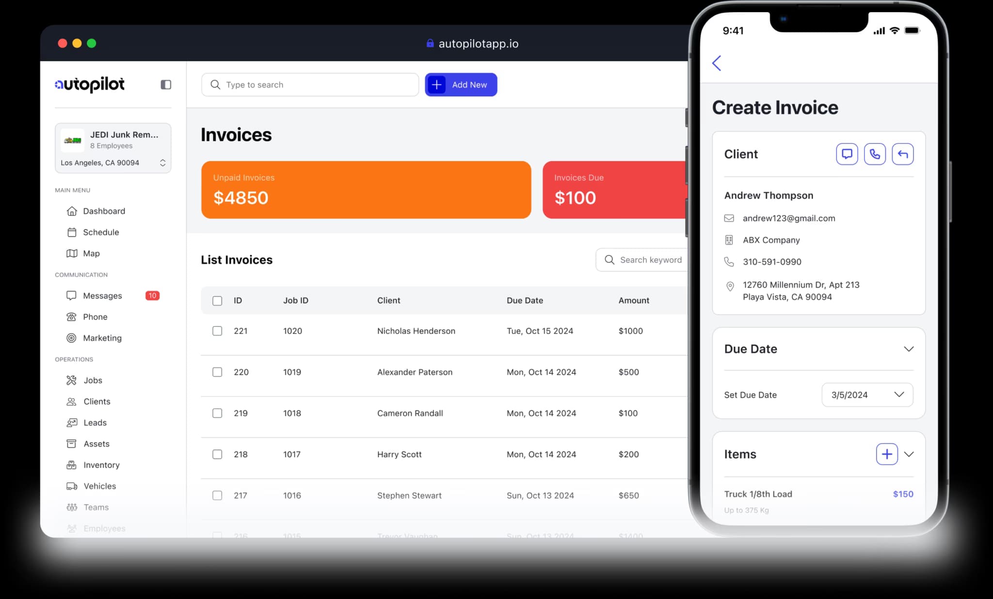 Autopilot invoicing screen sending a paid invoice with tip included