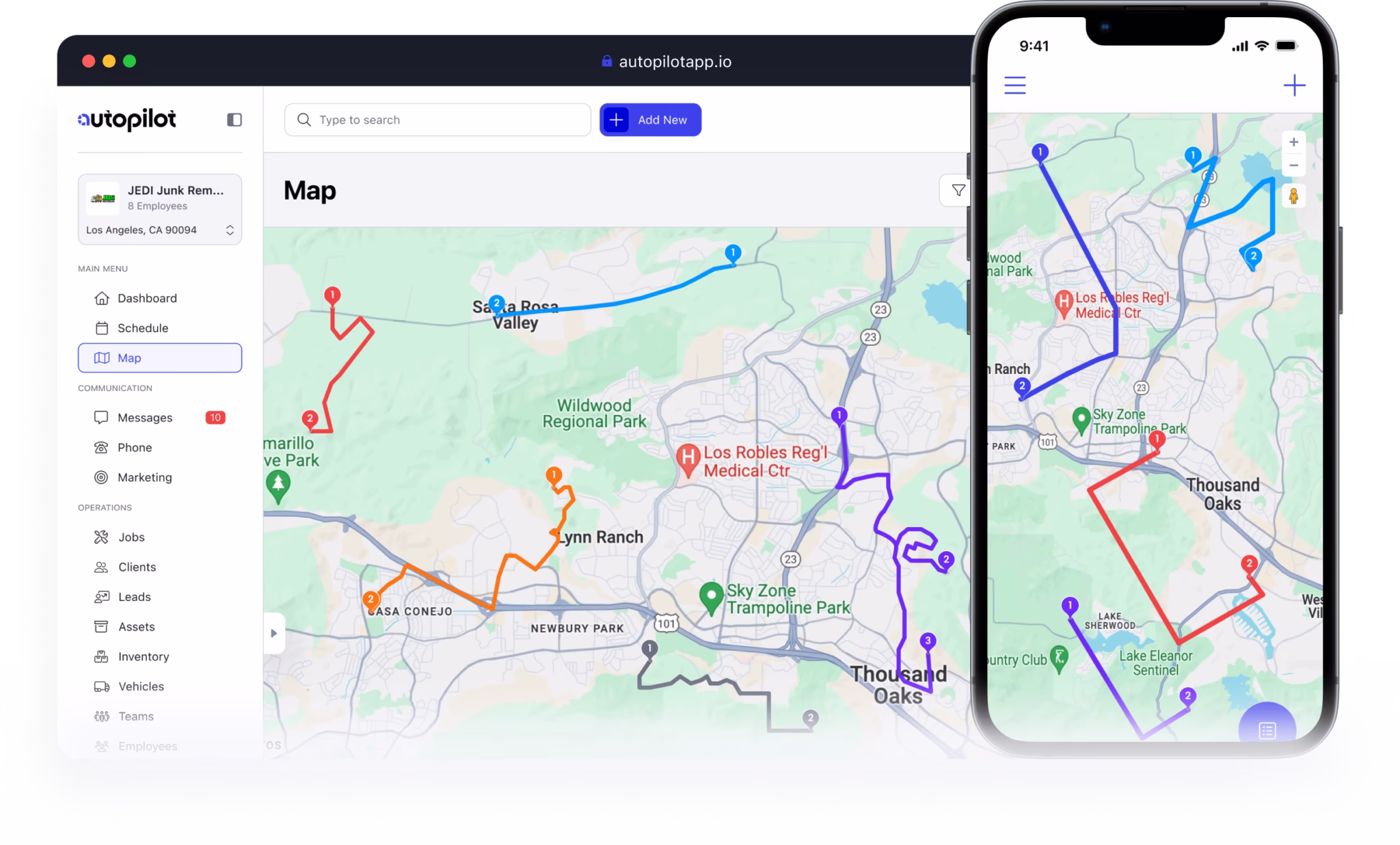 Autopilot map routing screen plotting the day's cleaning stops