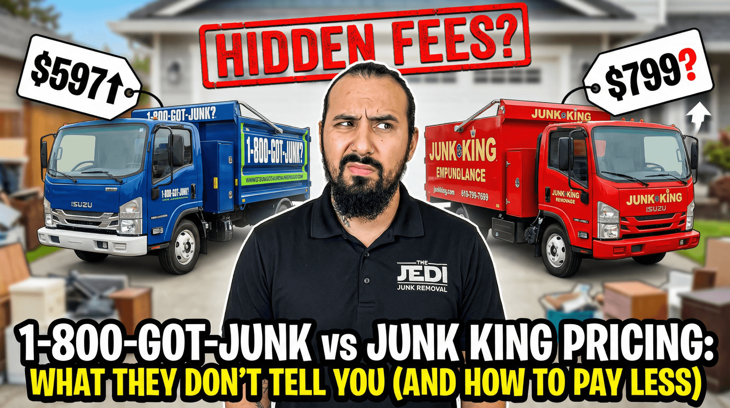 Illustration comparing 1-800-GOT-JUNK and Junk King pricing structures for junk removal jobs
