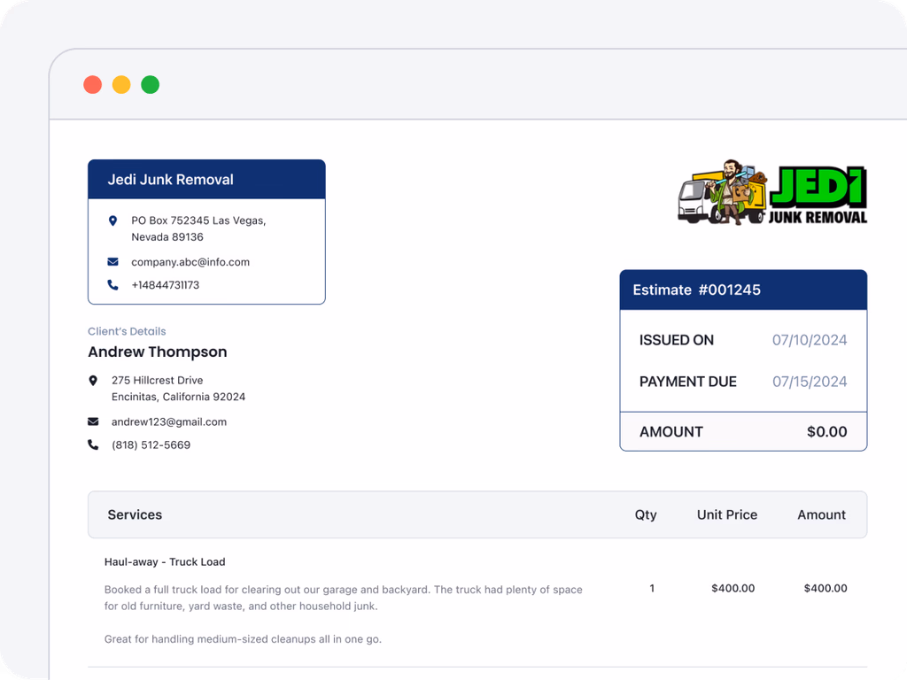Autopilot web app showing a professional PDF preview of a customer estimate
