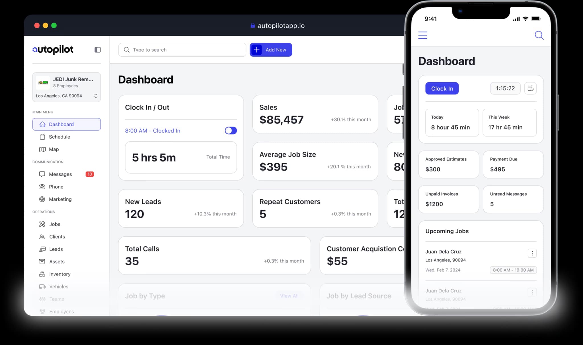Autopilot dashboard with revenue, jobs, and performance at a glance