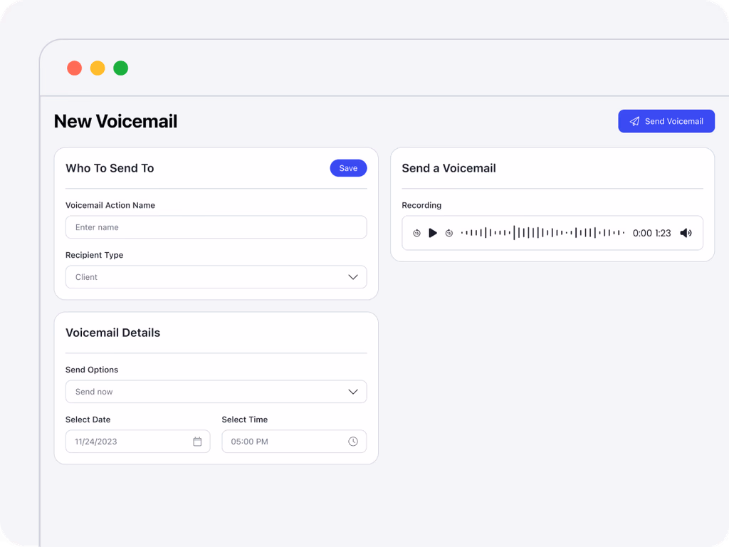 Send a Voicemail creation panel in Autopilot with recipient selection and scheduling options