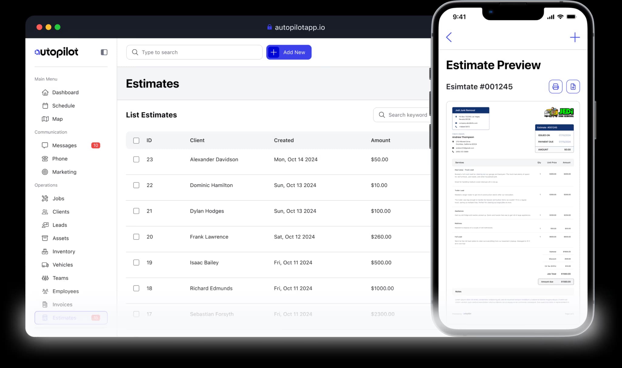 Estimates screen in the Autopilot app showing a list of customer estimates