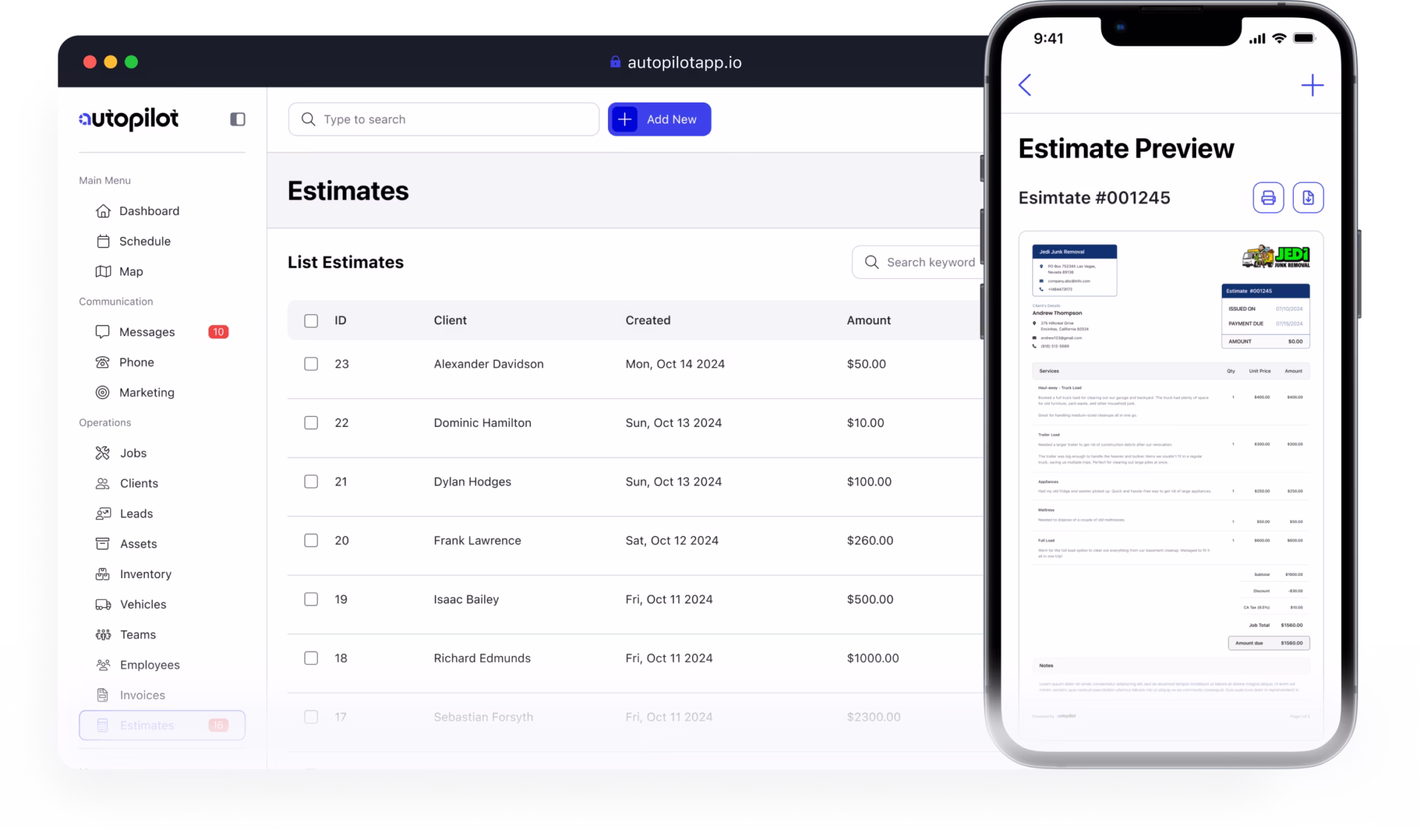 Estimates screen in the Autopilot app showing a list of customer estimates