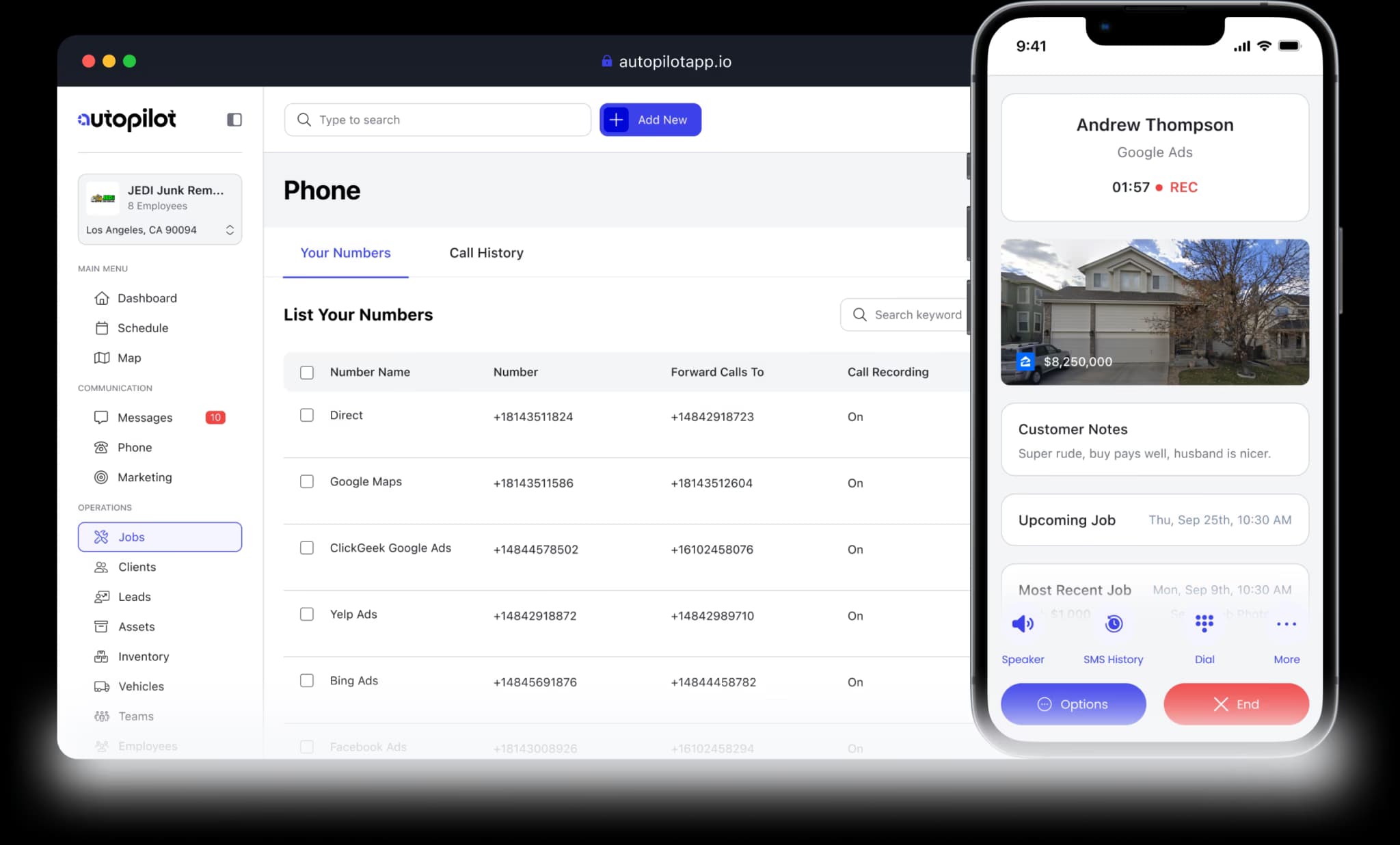 On-call booking interface in the Autopilot app for scheduling jobs during a phone call