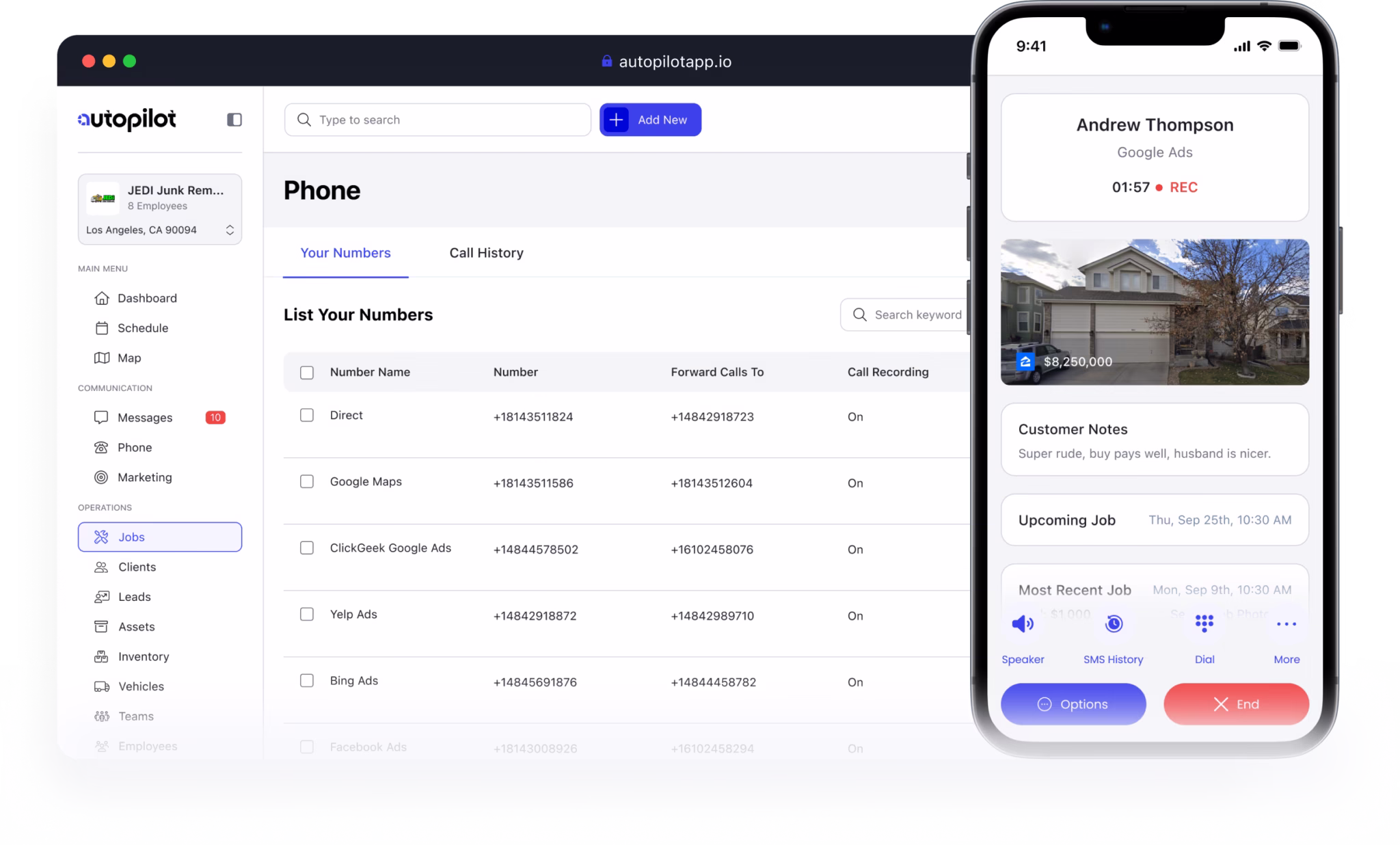 On-call booking interface in the Autopilot app for scheduling jobs during a phone call