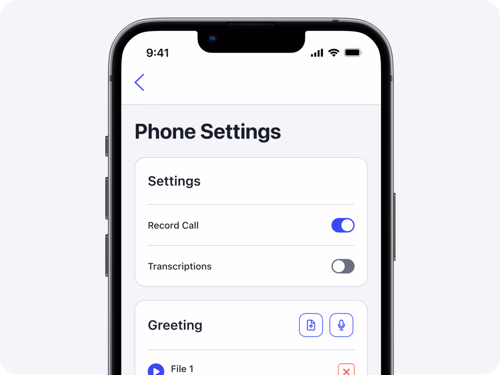 Autopilot phone settings screen with notification and transcription options