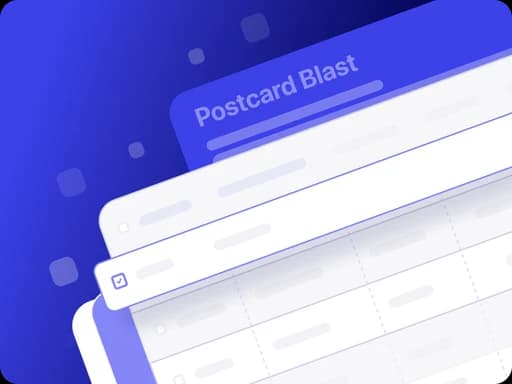 Autopilot Postcard Blast table listing postcard campaigns with status and delivery details