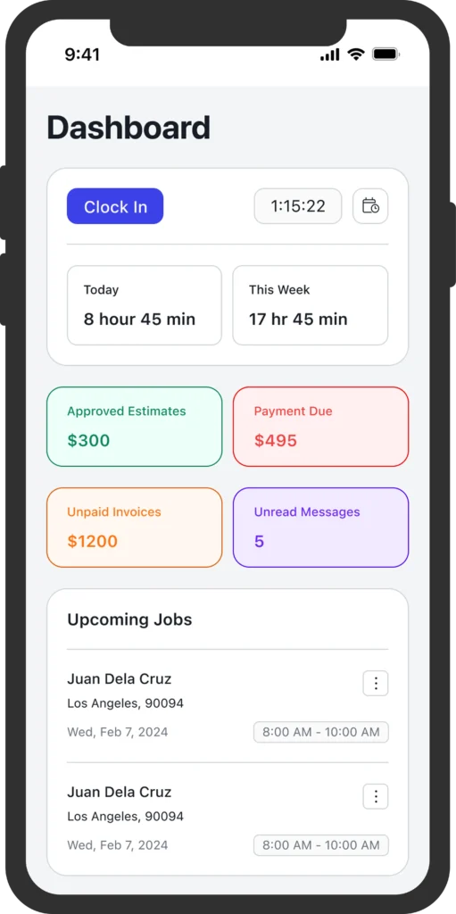 Autopilot mobile app dashboard showing clock-in, estimates, invoices, and upcoming jobs
