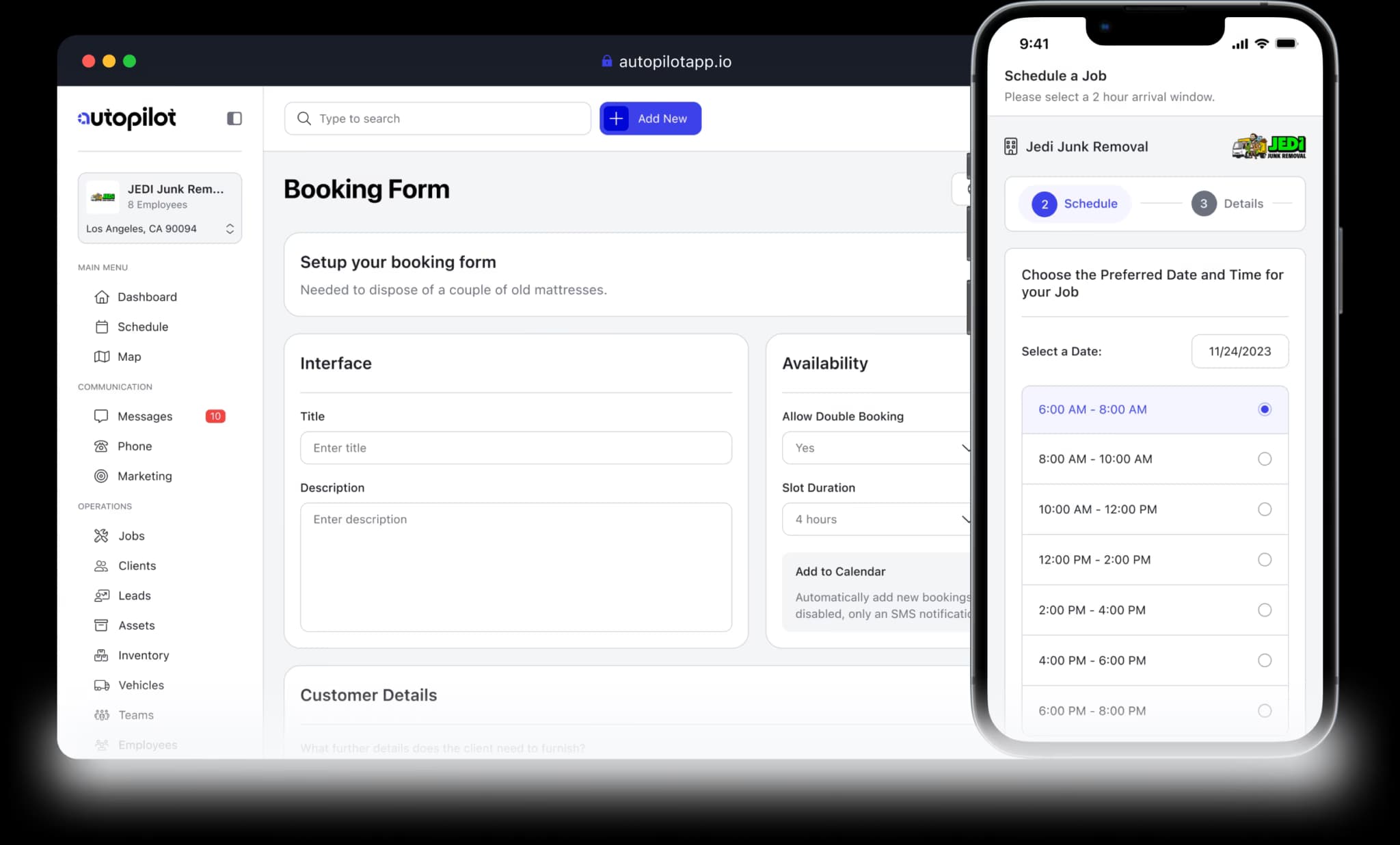 Autopilot online booking flow where customers pick a service and time