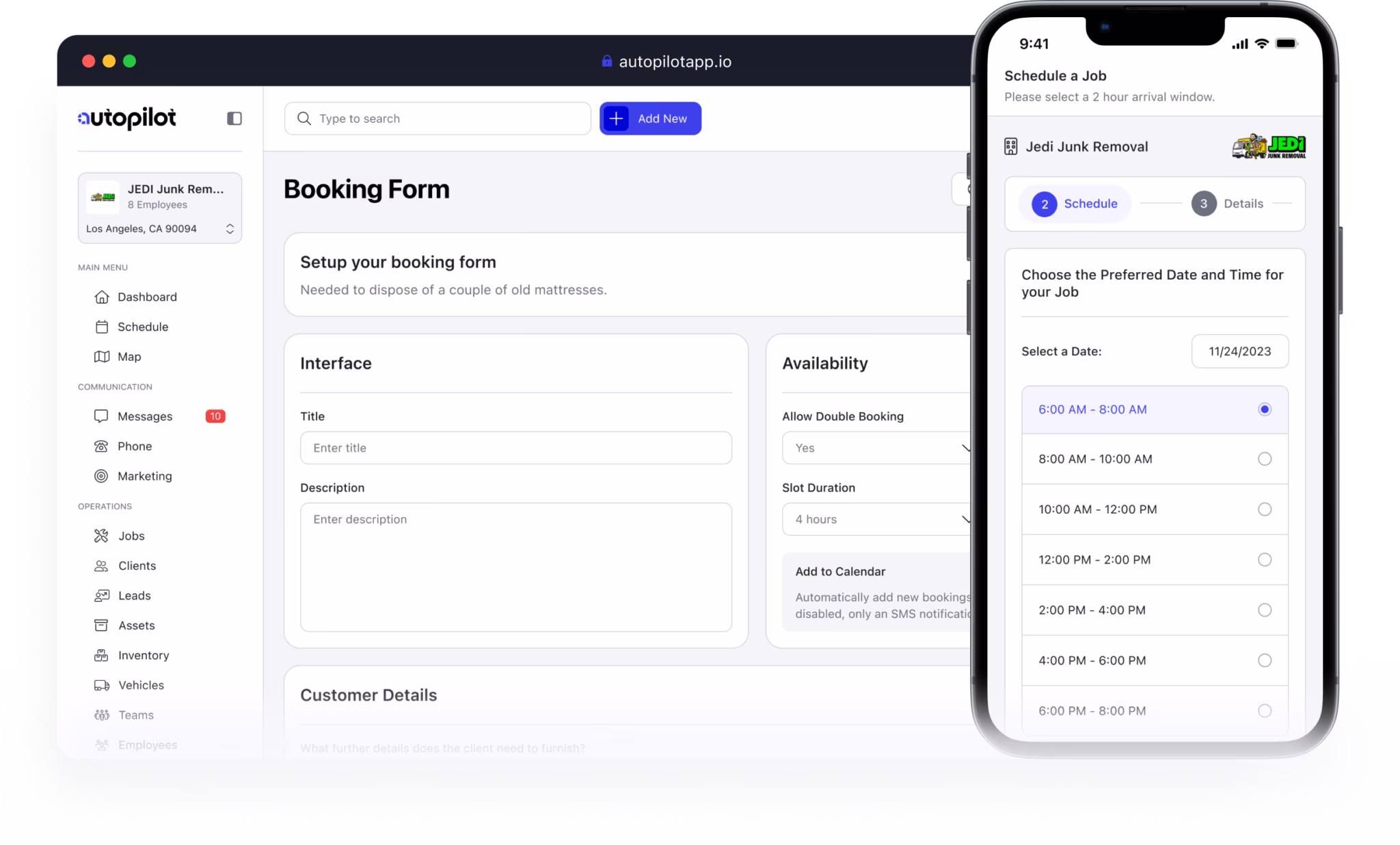 Autopilot online booking flow where customers pick a load size and time