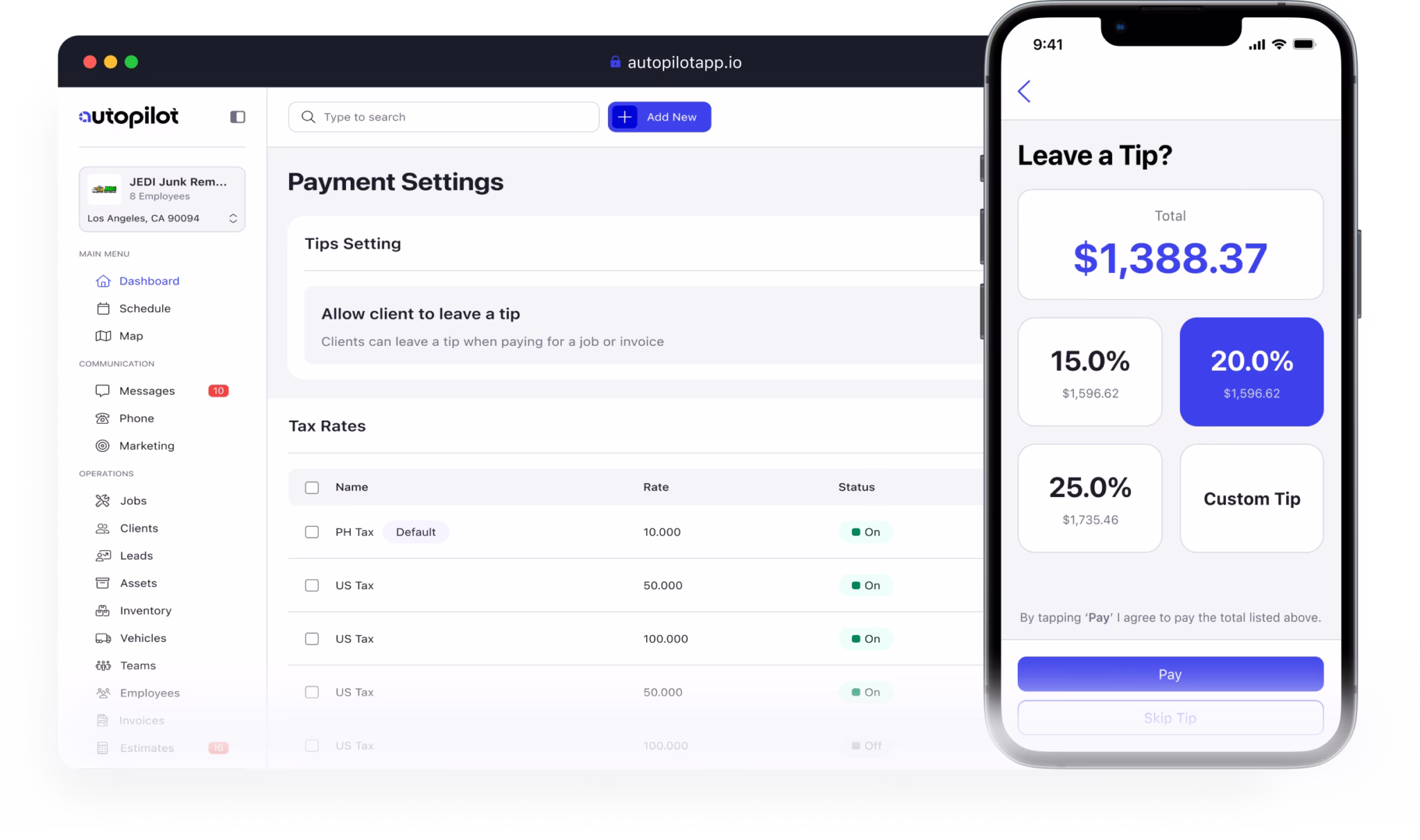 Autopilot tipping screen showing a customer selecting a tip amount after service