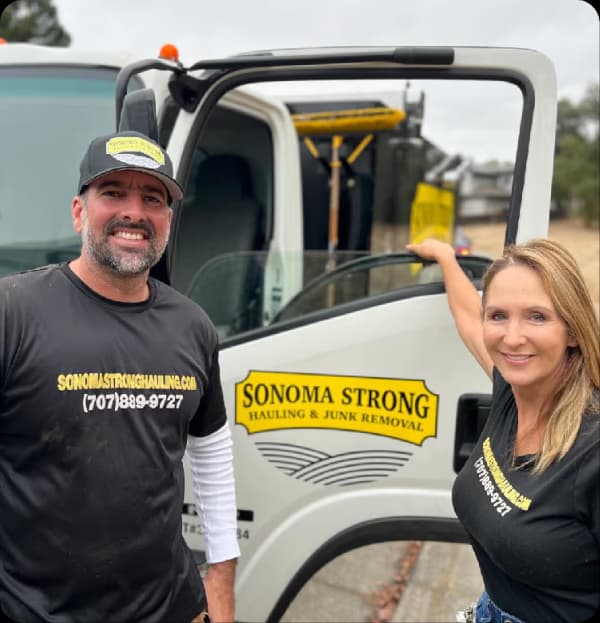 Sonoma Strong Hauling and Junk Removal crew smiling next to their truck