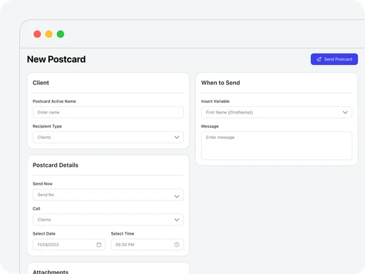New postcard creation page in Autopilot with design sections and scheduling options