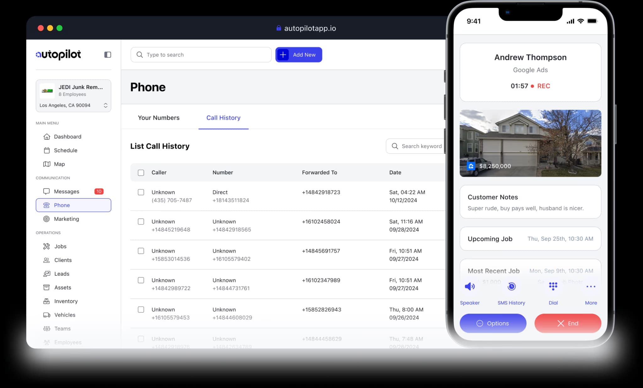 Call recording and playback screen in the Autopilot app showing recorded customer calls