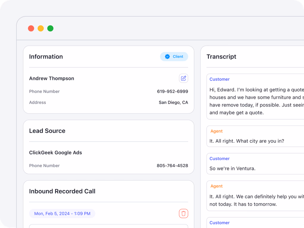 Autopilot web app showing voicemail details with recording and transcript