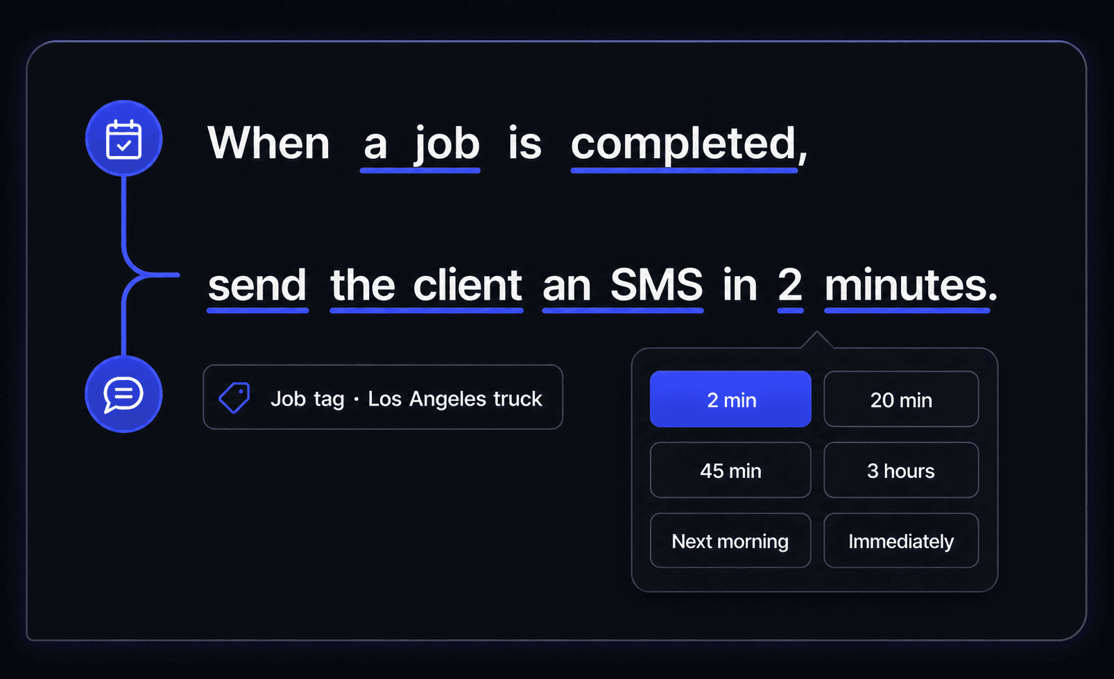 An automation rule that sends a client an SMS in two minutes when a Los Angeles truck job is completed