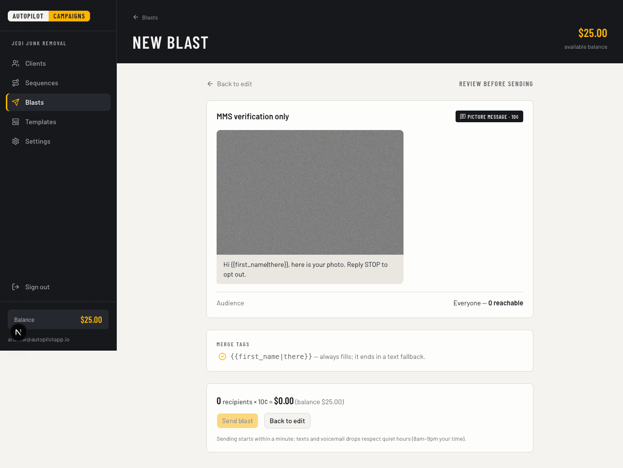 Campaigns blast review showing message, audience, merge tags, recipient count, and send cost