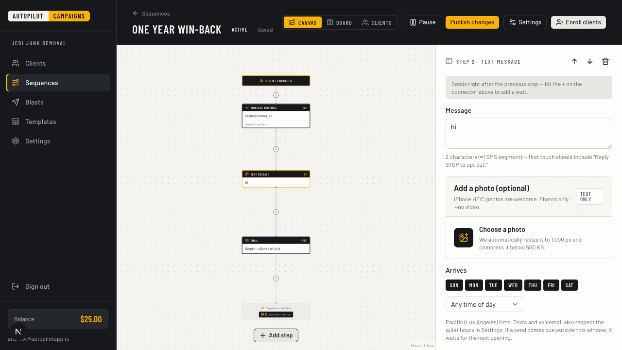 Autopilot Campaigns sequence builder showing a long-running customer follow-up route