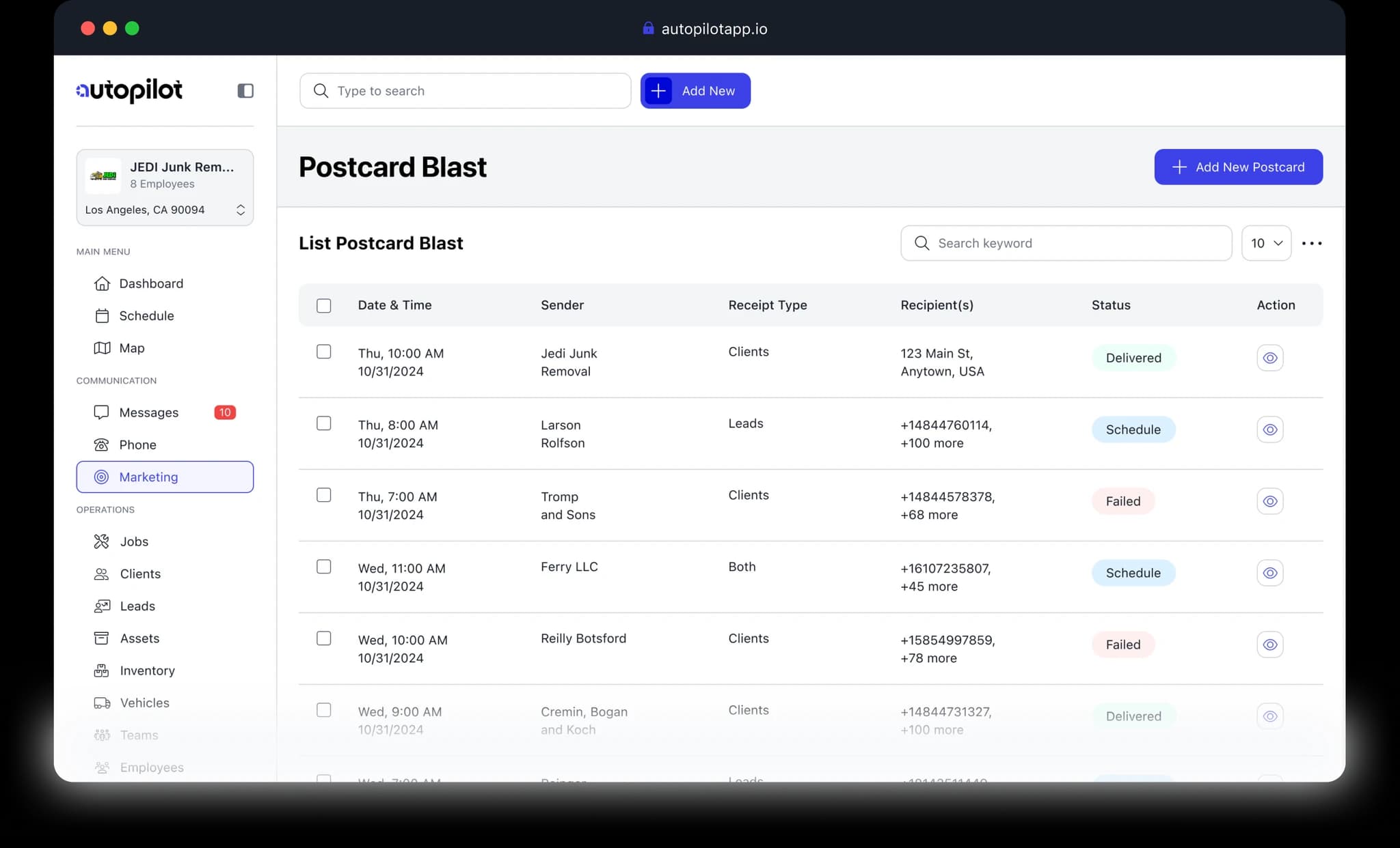 Postcard Blast dashboard in the Autopilot app showing postcard campaign management