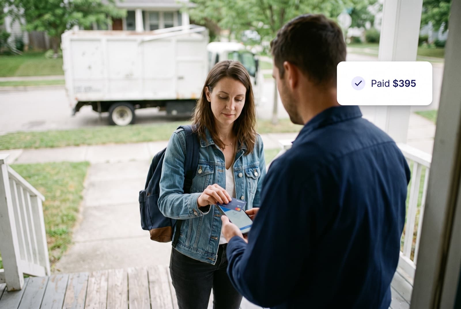 Homeowner tapping her card on a technician's phone to pay a $395 invoice through Autopilot