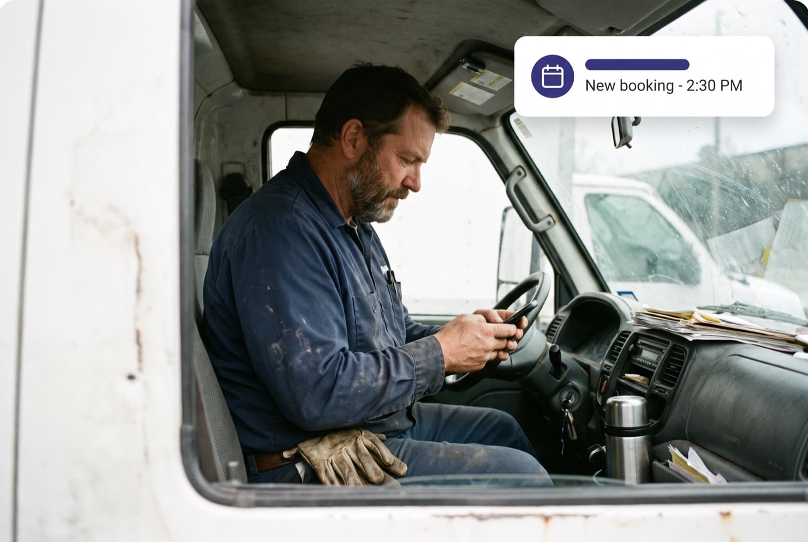 Junk removal crew member in his truck cab getting a new booking notification from Autopilot