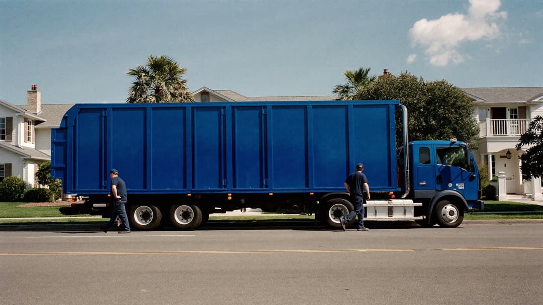Row of branded franchise junk removal trucks parked along a suburban street
