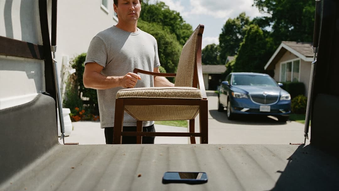 Contractor reviewing AI call summary on a phone while standing beside a work truck