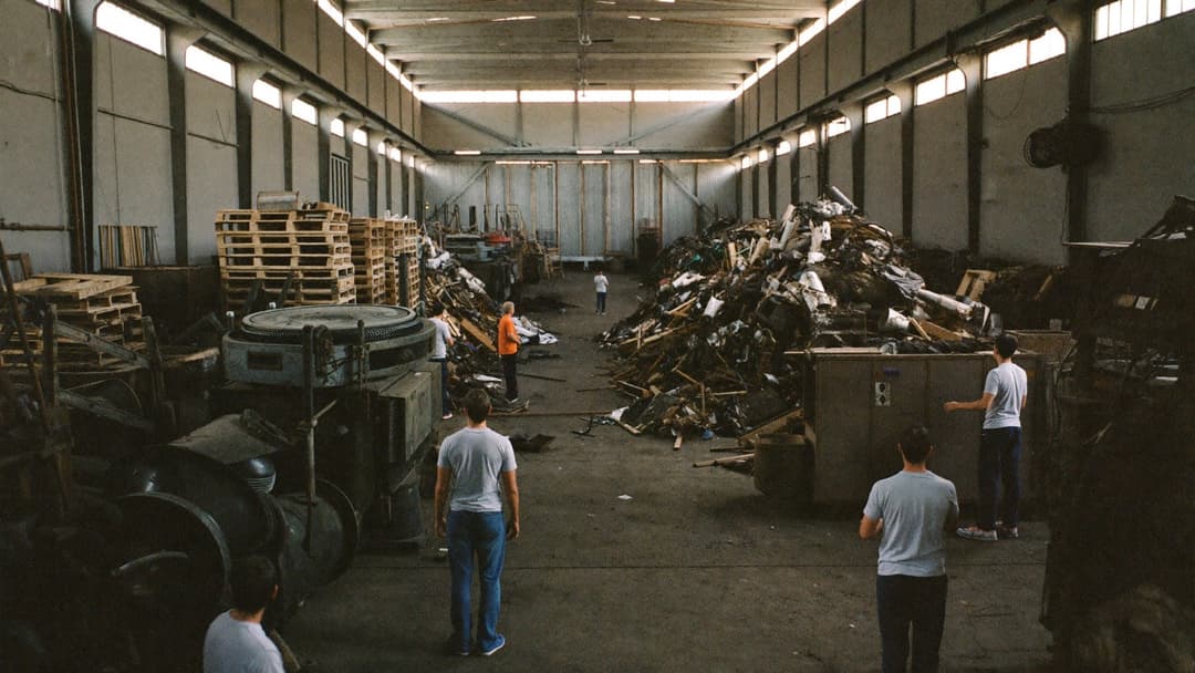 Forklift moving heavy machinery out of a cluttered commercial warehouse