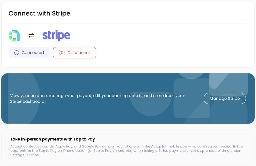 Autopilot Stripe connection and Tap to Pay setup instructions