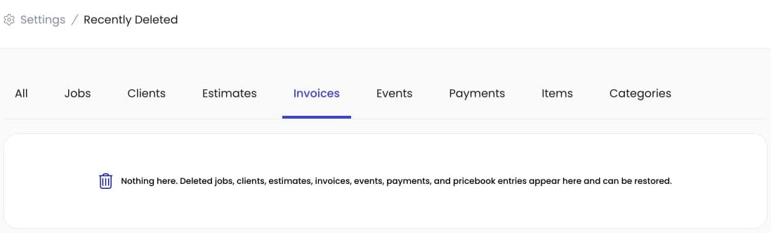 Invoices tab in Autopilot Recently Deleted