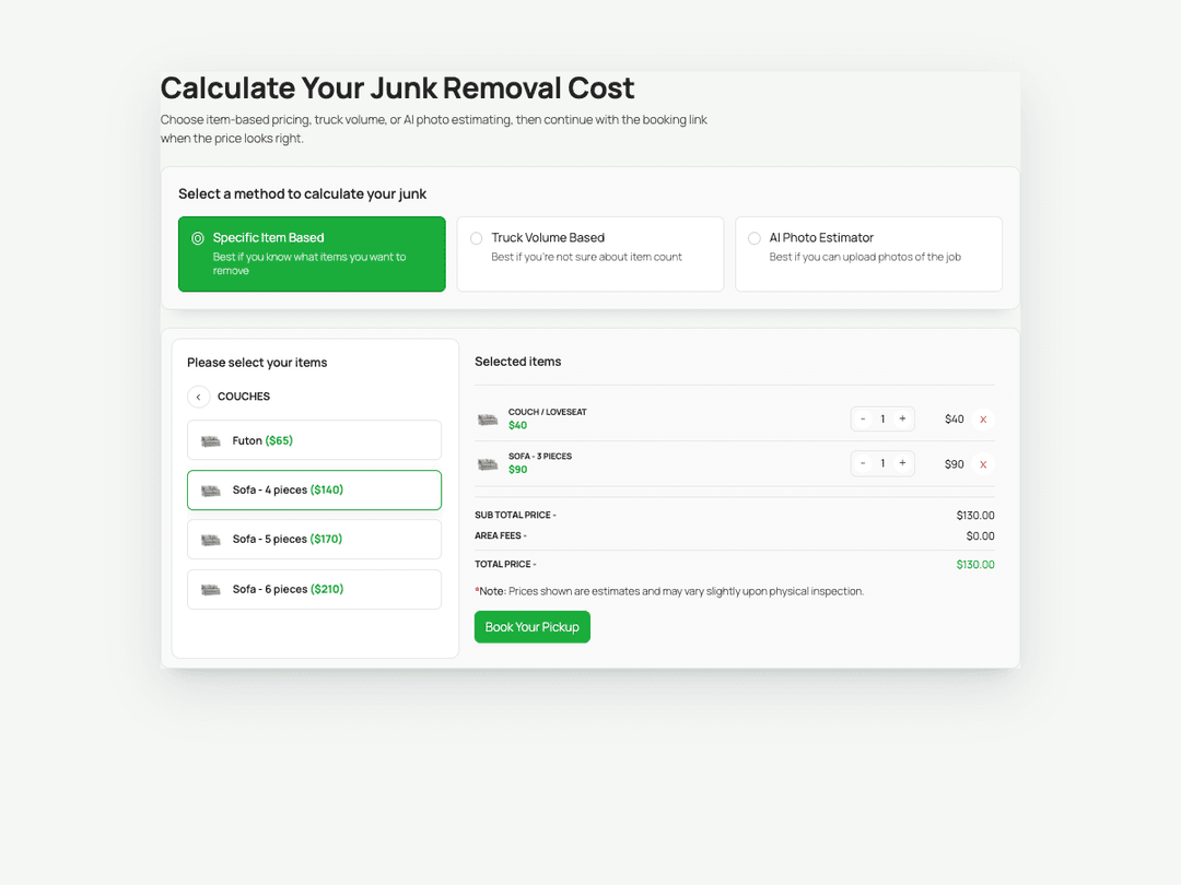 Junk removal cost calculator WordPress plugin showing item pricing, a live total, and a booking button