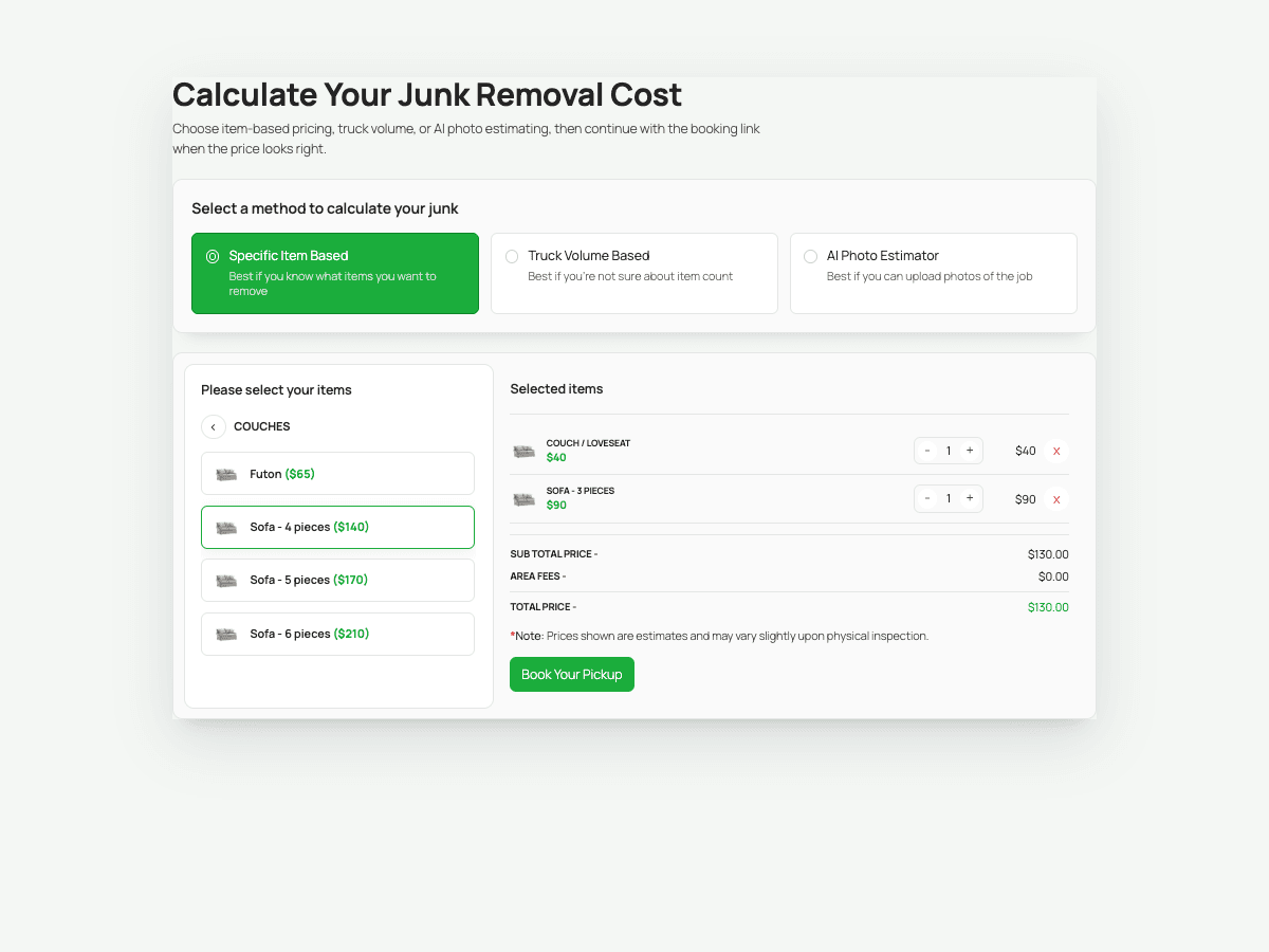 Junk removal cost calculator WordPress plugin showing item pricing, a live total, and a booking button