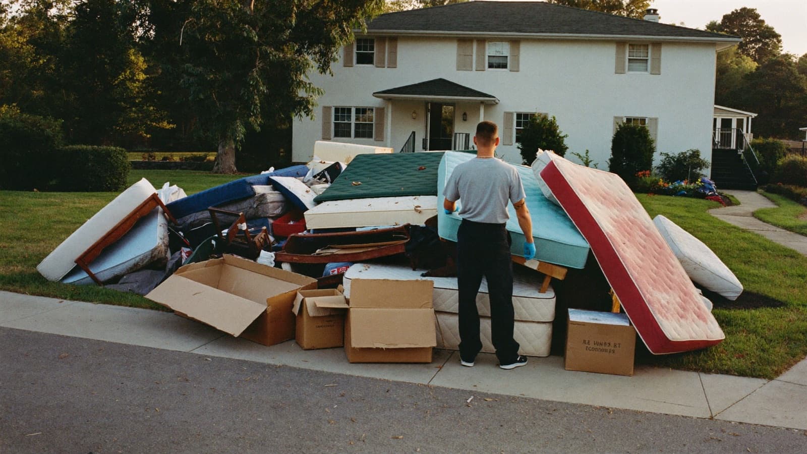 Junk hauler in a branded shirt handing a flyer to a storage facility manager