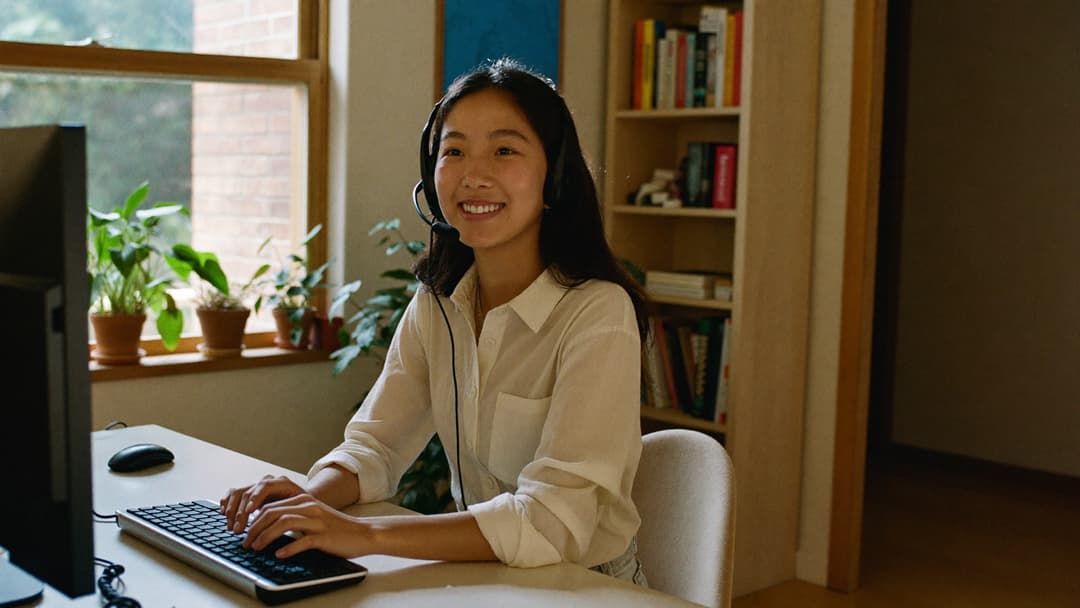 Remote virtual assistant at a home desk answering service business calls on a headset