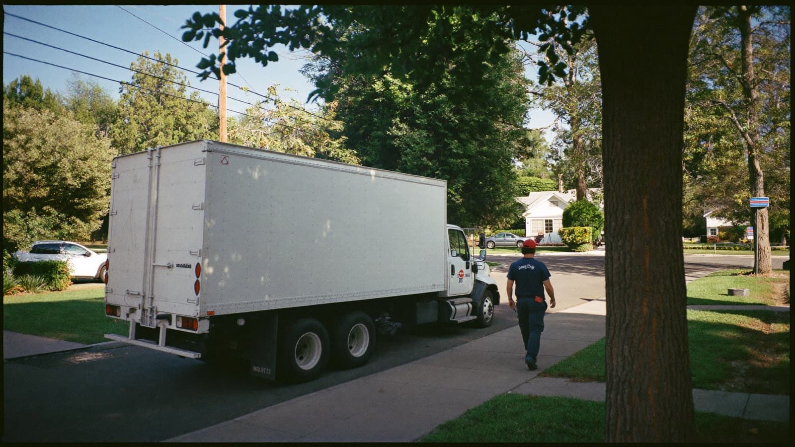 Junk removal crew loading a full truck in a suburban driveway at golden hour