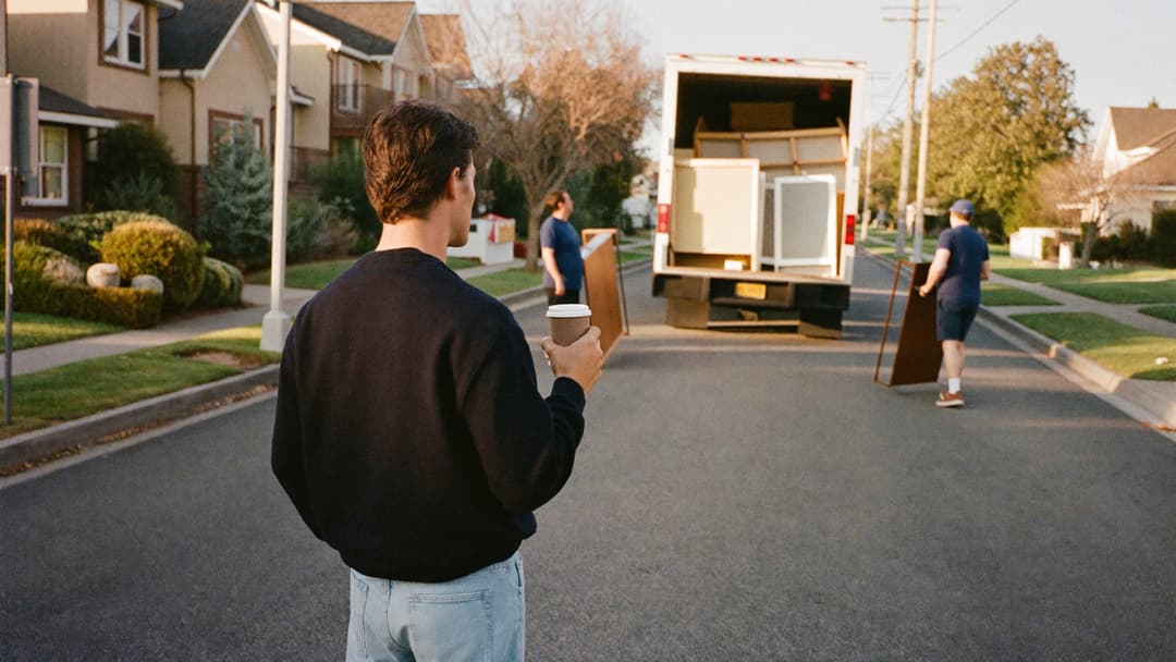 Business owner watching his junk removal truck leave the yard from the office window