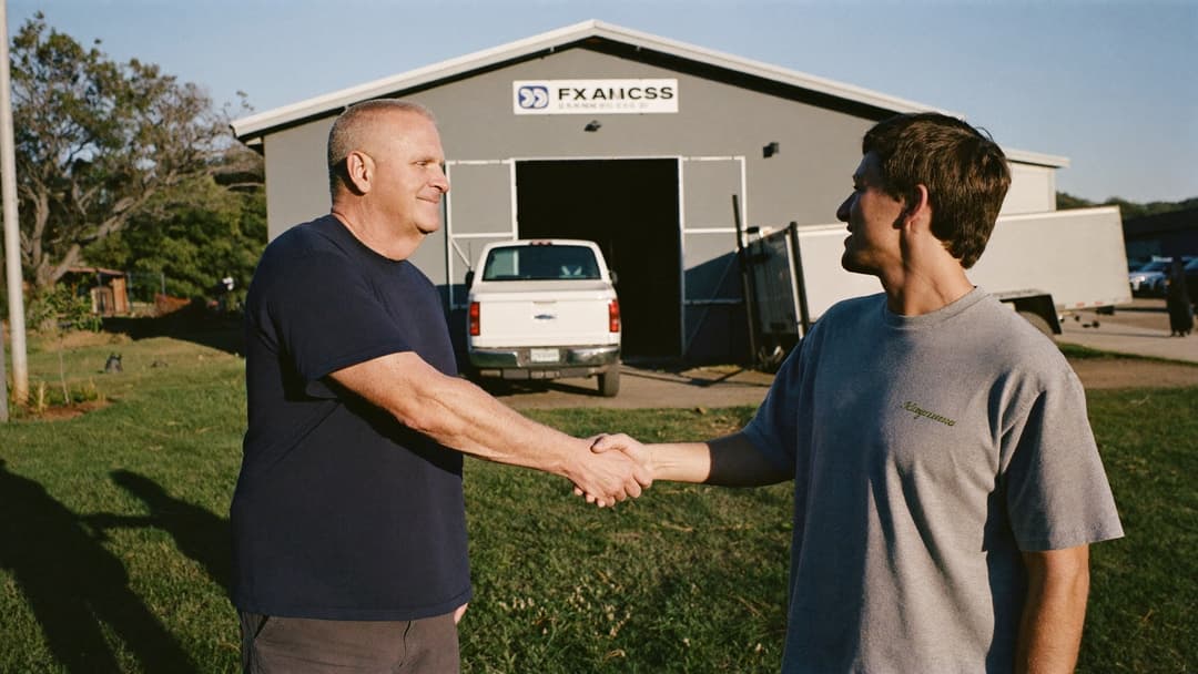 Junk removal owner shaking hands with a buyer in front of company trucks