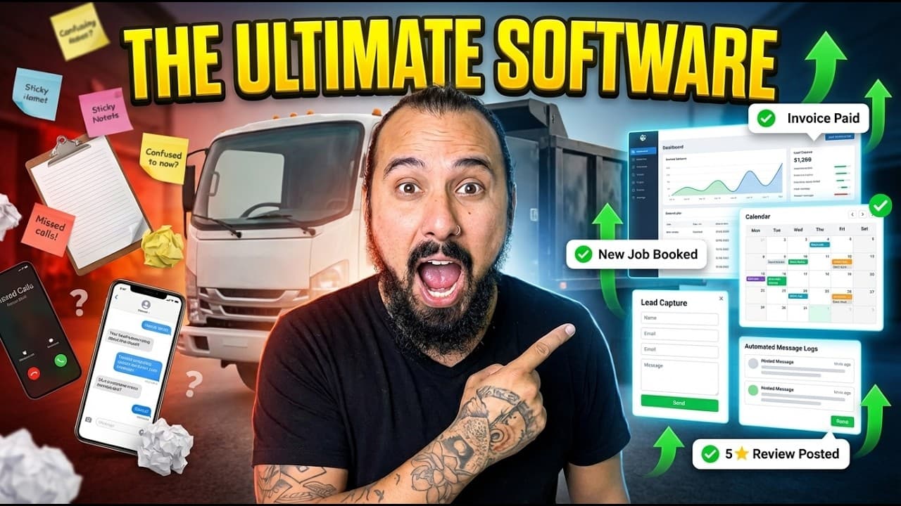 Andrew Thompson in front of a junk removal truck with the Autopilot dashboard, calendar, and invoice screens