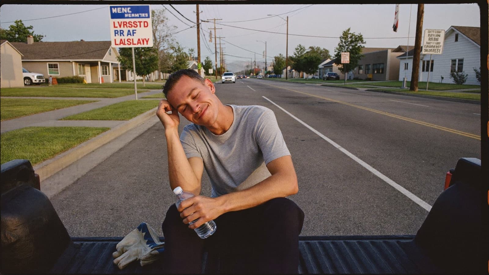 Exhausted junk removal operator sitting on a truck tailgate after a hoarder cleanout