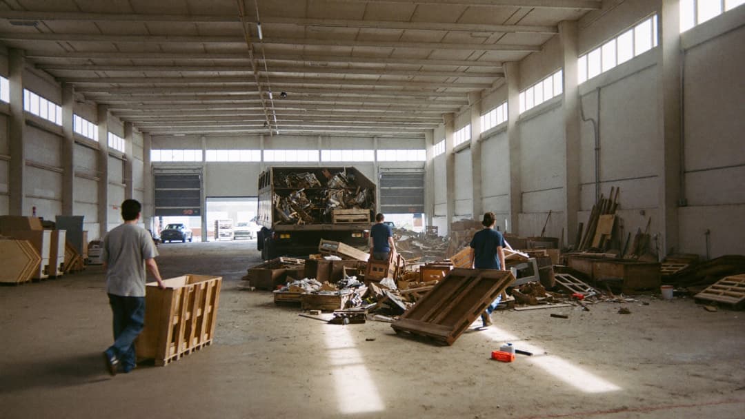 Junk removal owner reviewing missed calls and unpaid invoices at a cluttered desk