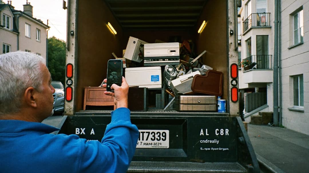 Phone showing a Facebook ad for a junk removal company next to a loaded truck