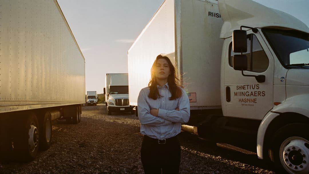 Founder standing in front of two loaded junk removal trucks at sunrise