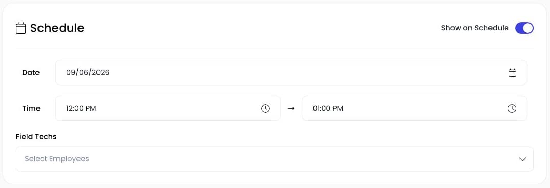 Actual Autopilot estimate form with date, time, and field-tech scheduling controls
