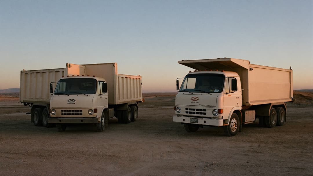 Two junk removal trucks parked side by side in a gravel yard at dawn