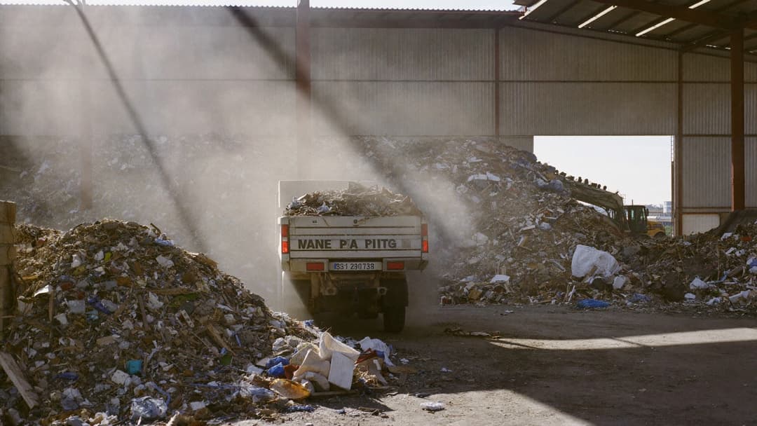 Pickup truck unloading a full bed of junk at a transfer station