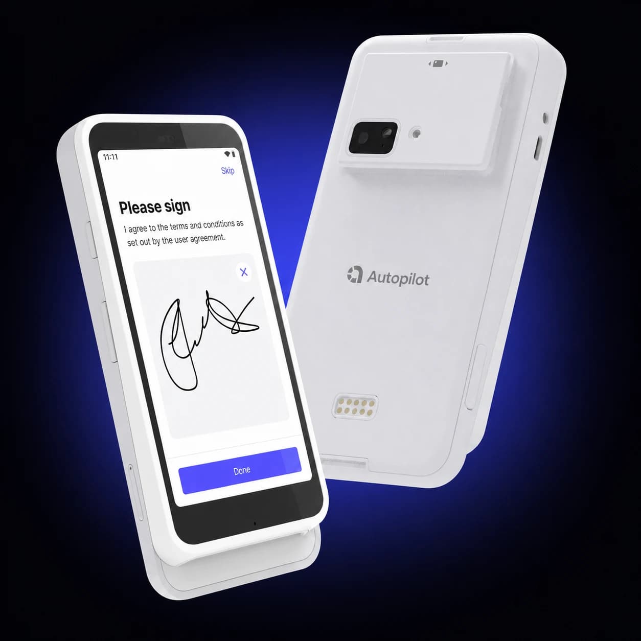 Autopilot-branded concept showing the front and back of a Stripe Reader S710