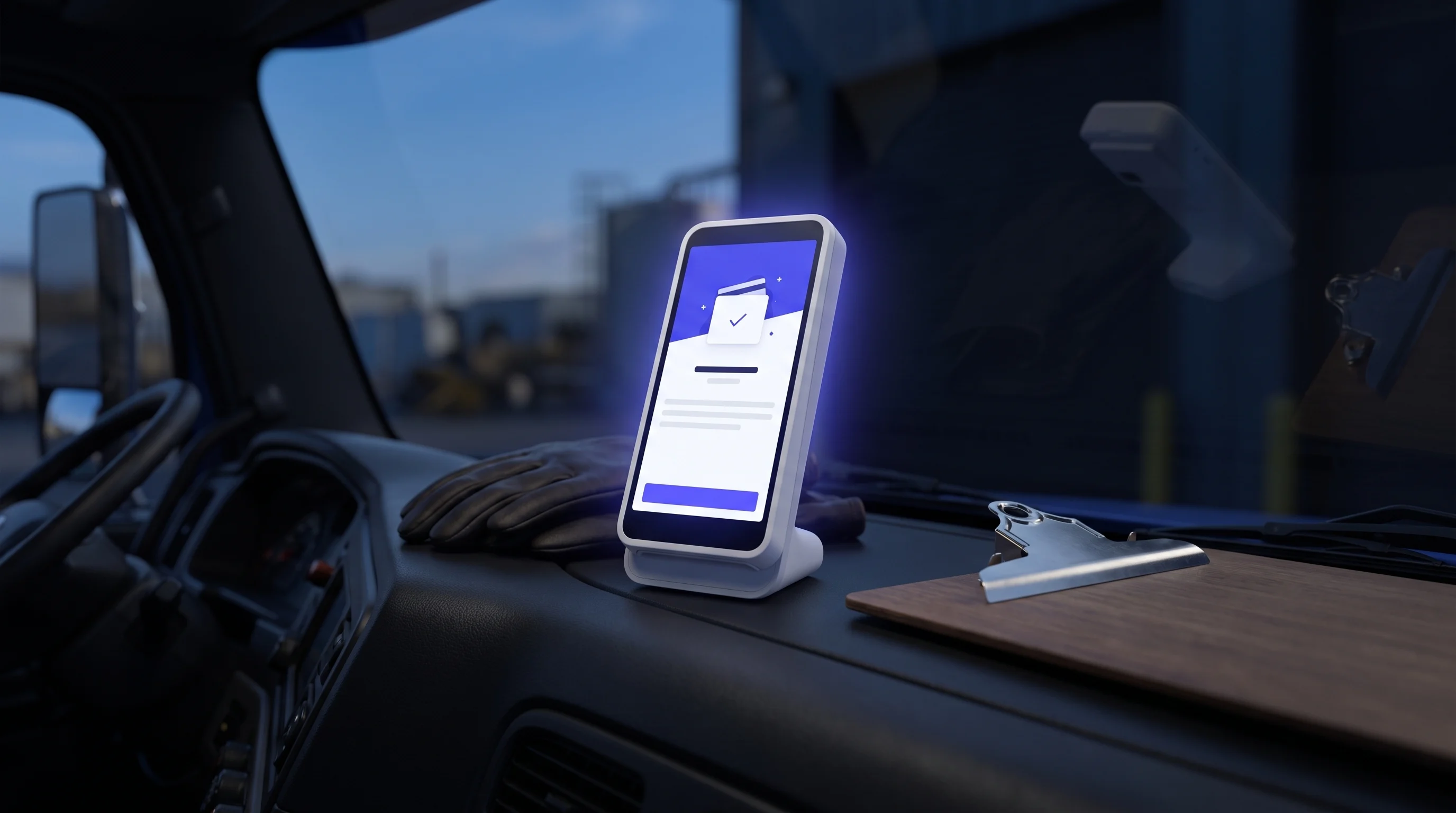 A Stripe Reader S710-style smart payment terminal ready for checkout inside a work truck
